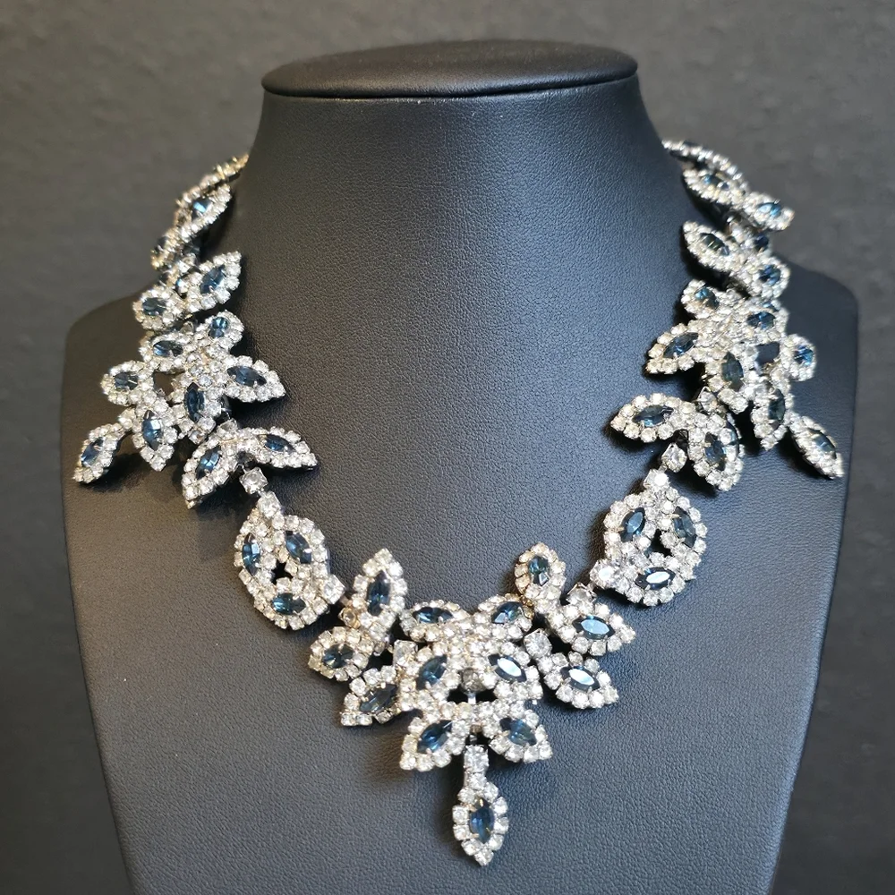 Vintage Kenneth Jay Lane Blue Crystal Flower Collar Necklace - Picture 1 of 11